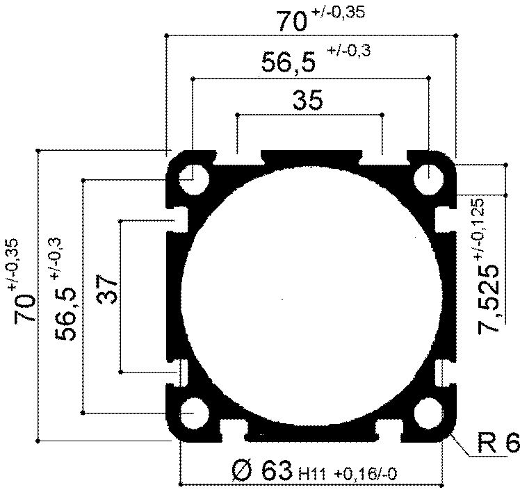 profilo in alluminio per cilindri pneumatici diametro  alesaggio 63mm